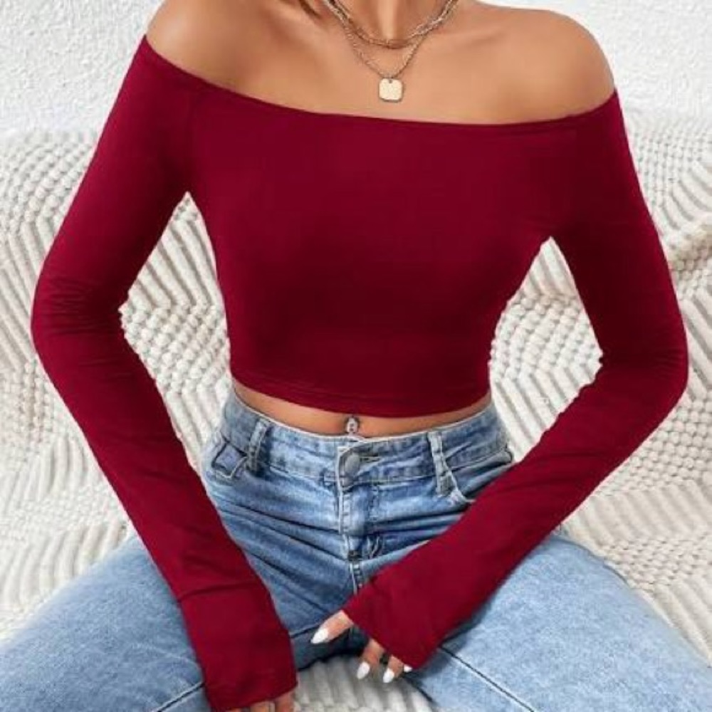 Off shoulder boat neck long sleeve burgundy crop top